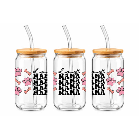 Dog Mama Paw Prints & Bones 16 oz Glass Jar, Dog Lover Iced Coffee Cup, Pet Mom Gift