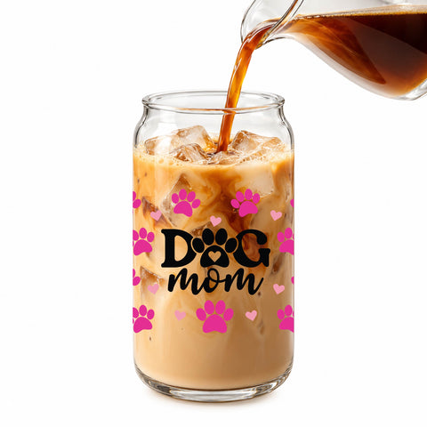 Dog Mom Pink Paw Prints 16 oz Glass Jar, Dog Lover Iced Coffee Cup, Pet Mom Gift