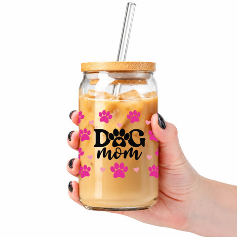 Dog Mom Pink Paw Prints 16 oz Glass Jar, Dog Lover Iced Coffee Cup, Pet Mom Gift