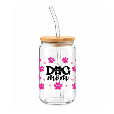Dog Mom Pink Paw Prints 16 oz Glass Jar, Dog Lover Iced Coffee Cup, Pet Mom Gift