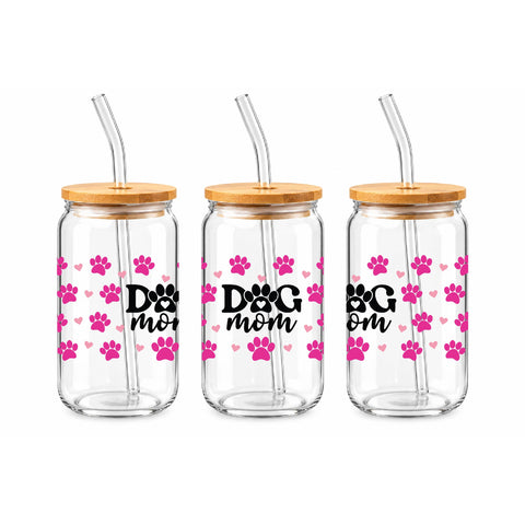 Dog Mom Pink Paw Prints 16 oz Glass Jar, Dog Lover Iced Coffee Cup, Pet Mom Gift