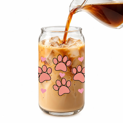 Pink Paw Prints & Hearts 16 oz Glass Jar, Pet Lover Iced Coffee Cup with Bamboo Lid & Straw, Pet Gift