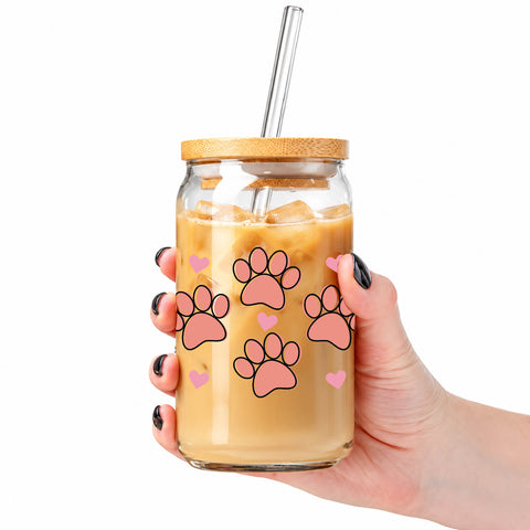 Pink Paw Prints & Hearts 16 oz Glass Jar, Pet Lover Iced Coffee Cup with Bamboo Lid & Straw, Pet Gift