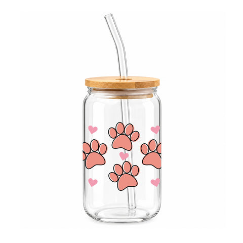 Pink Paw Prints & Hearts 16 oz Glass Jar, Pet Lover Iced Coffee Cup with Bamboo Lid & Straw, Pet Gift