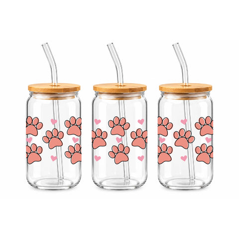 Pink Paw Prints & Hearts 16 oz Glass Jar, Pet Lover Iced Coffee Cup with Bamboo Lid & Straw, Pet Gift