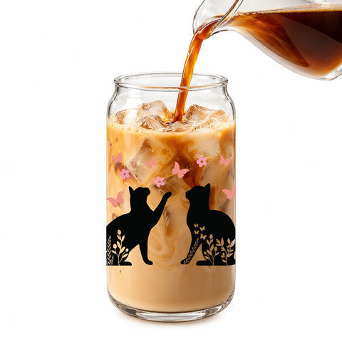 Floral Black Cats 16 oz Glass Jar, Cat Lover Iced Coffee Cup with Bamboo Lid & Straw, Pet Gift