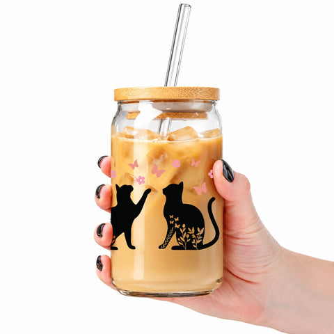 Floral Black Cats 16 oz Glass Jar, Cat Lover Iced Coffee Cup with Bamboo Lid & Straw, Pet Gift
