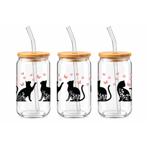 Floral Black Cats 16 oz Glass Jar, Cat Lover Iced Coffee Cup with Bamboo Lid & Straw, Pet Gift