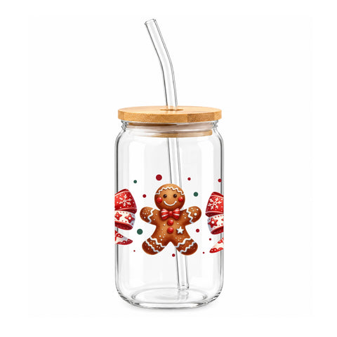 Gingerbread Bow Christmas 16 oz Glass Jar, Cute Holiday Iced Coffee Cup, Christmas Gift