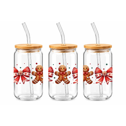Gingerbread Bow Christmas 16 oz Glass Jar, Cute Holiday Iced Coffee Cup, Christmas Gift