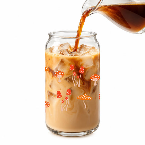 Orange Mushroom Pattern 16 oz Glass Jar, Cottagecore Iced Coffee Cup with Bamboo Lid & Straw