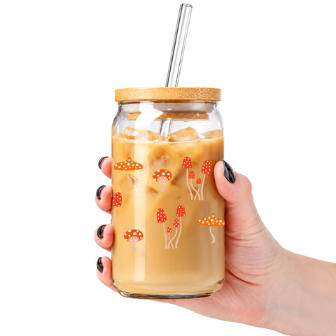 Orange Mushroom Pattern 16 oz Glass Jar, Cottagecore Iced Coffee Cup with Bamboo Lid & Straw