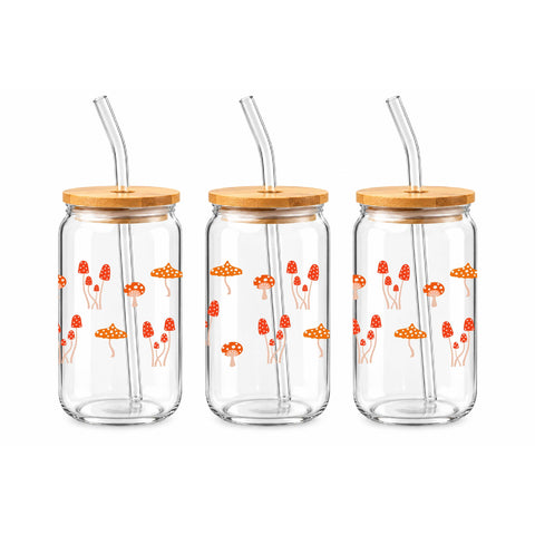 Orange Mushroom Pattern 16 oz Glass Jar, Cottagecore Iced Coffee Cup with Bamboo Lid & Straw