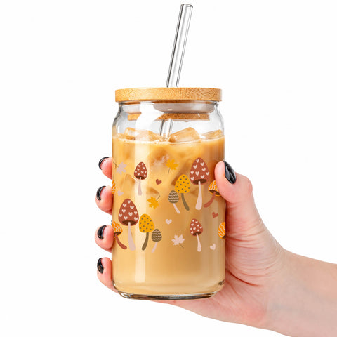 Fall Mushroom Pattern 16 oz Glass Jar, Autumn Iced Coffee Cup with Bamboo Lid & Straw, Fall Gift