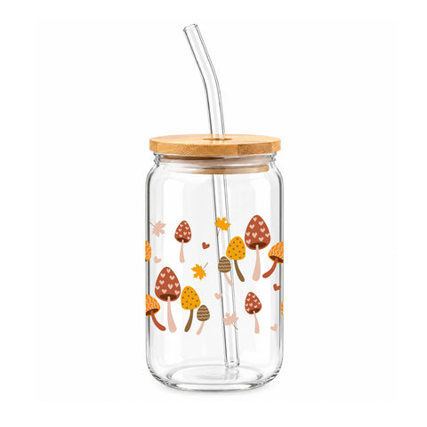 Fall Mushroom Pattern 16 oz Glass Jar, Autumn Iced Coffee Cup with Bamboo Lid & Straw, Fall Gift
