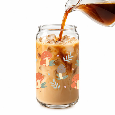 Cute Mushroom Pattern 16 oz Glass Jar, Cottagecore Iced Coffee Cup with Bamboo Lid & Straw