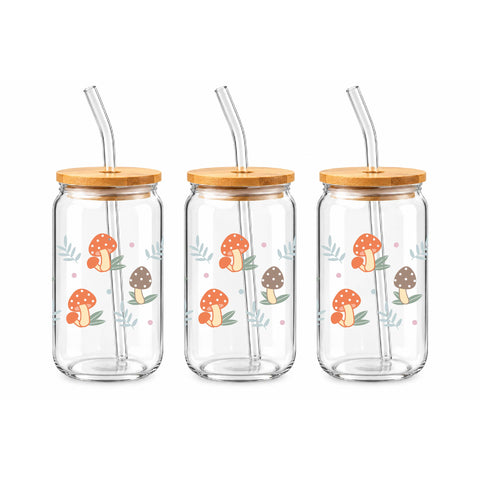 Cute Mushroom Pattern 16 oz Glass Jar, Cottagecore Iced Coffee Cup with Bamboo Lid & Straw