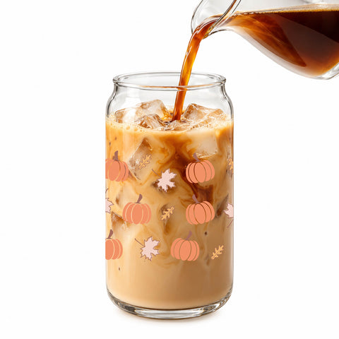 Pumpkin & Fall Leaves 16 oz Glass Jar, Autumn Iced Coffee Cup with Bamboo Lid & Straw, Fall Gift