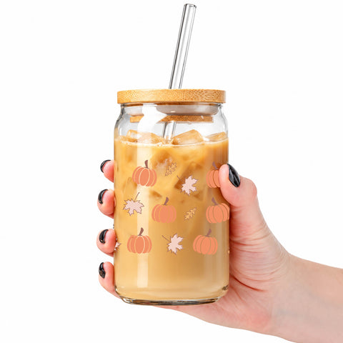 Pumpkin & Fall Leaves 16 oz Glass Jar, Autumn Iced Coffee Cup with Bamboo Lid & Straw, Fall Gift