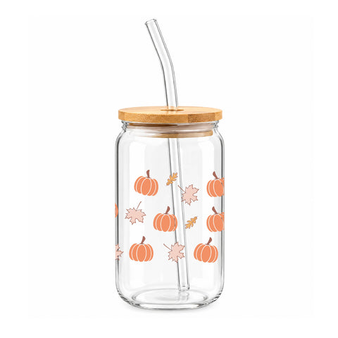 Pumpkin & Fall Leaves 16 oz Glass Jar, Autumn Iced Coffee Cup with Bamboo Lid & Straw, Fall Gift