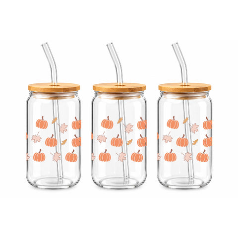 Pumpkin & Fall Leaves 16 oz Glass Jar, Autumn Iced Coffee Cup with Bamboo Lid & Straw, Fall Gift