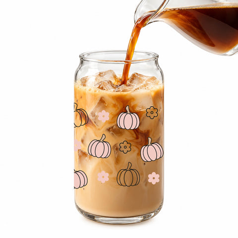 Pastel Pumpkin Floral 16 oz Glass Jar, Fall Iced Coffee Cup with Bamboo Lid & Straw, Autumn Gift