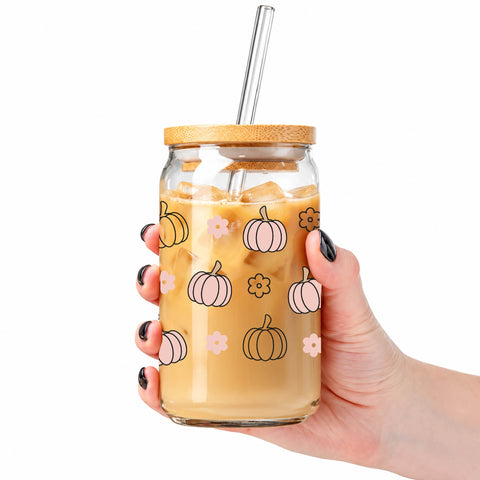 Pastel Pumpkin Floral 16 oz Glass Jar, Fall Iced Coffee Cup with Bamboo Lid & Straw, Autumn Gift