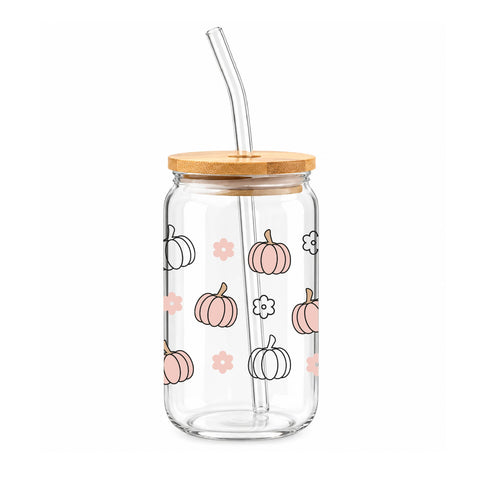 Pastel Pumpkin Floral 16 oz Glass Jar, Fall Iced Coffee Cup with Bamboo Lid & Straw, Autumn Gift