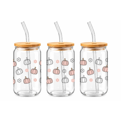 Pastel Pumpkin Floral 16 oz Glass Jar, Fall Iced Coffee Cup with Bamboo Lid & Straw, Autumn Gift
