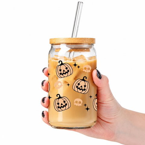 Jack O Lantern Halloween 16 oz Glass Jar, Pumpkin Iced Coffee Cup with Bamboo Lid & Straw