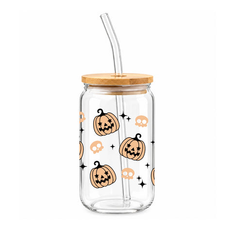 Jack O Lantern Halloween 16 oz Glass Jar, Pumpkin Iced Coffee Cup with Bamboo Lid & Straw