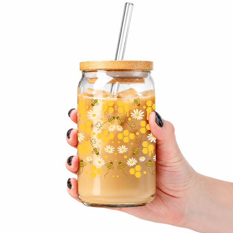 Honey Bee & Honeycomb 16 oz Glass Jar, Bee Lover Iced Coffee Cup with Bamboo Lid & Straw
