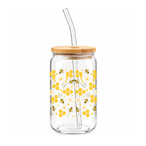 Honey Bee & Honeycomb 16 oz Glass Jar, Bee Lover Iced Coffee Cup with Bamboo Lid & Straw