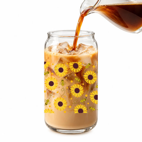 Sunflower & Bee 16 oz Glass Jar, Floral Iced Coffee Cup with Bamboo Lid & Straw, Bee Lover Gift