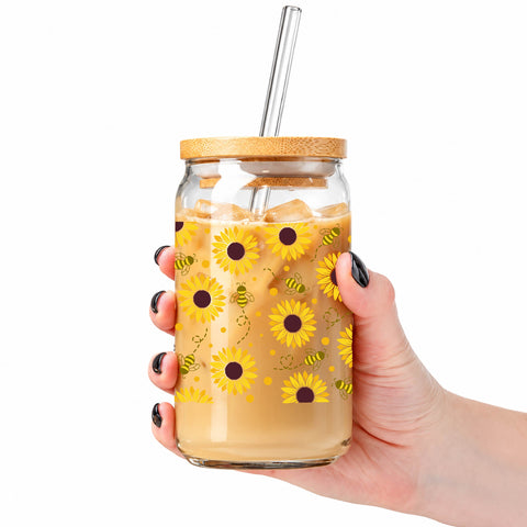 Sunflower & Bee 16 oz Glass Jar, Floral Iced Coffee Cup with Bamboo Lid & Straw, Bee Lover Gift