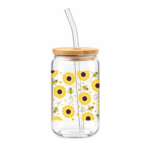 Sunflower & Bee 16 oz Glass Jar, Floral Iced Coffee Cup with Bamboo Lid & Straw, Bee Lover Gift