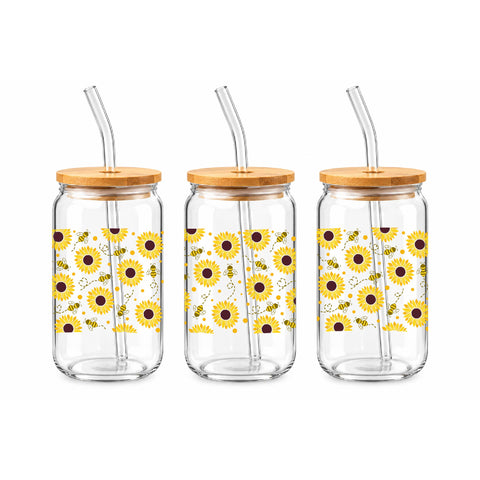 Sunflower & Bee 16 oz Glass Jar, Floral Iced Coffee Cup with Bamboo Lid & Straw, Bee Lover Gift