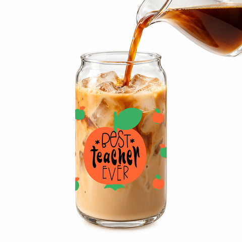 Best Teacher Ever 16 oz Glass Jar, Teacher Iced Coffee Cup with Bamboo Lid & Straw, Teacher Gift