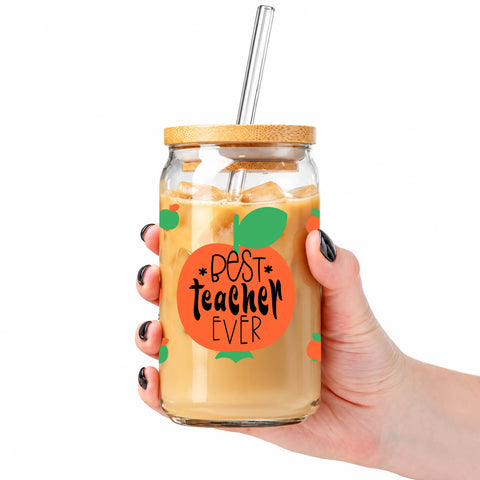 Best Teacher Ever 16 oz Glass Jar, Teacher Iced Coffee Cup with Bamboo Lid & Straw, Teacher Gift