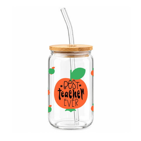 Best Teacher Ever 16 oz Glass Jar, Teacher Iced Coffee Cup with Bamboo Lid & Straw, Teacher Gift