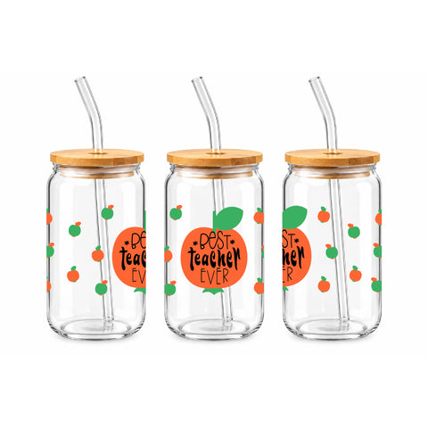 Best Teacher Ever 16 oz Glass Jar, Teacher Iced Coffee Cup with Bamboo Lid & Straw, Teacher Gift