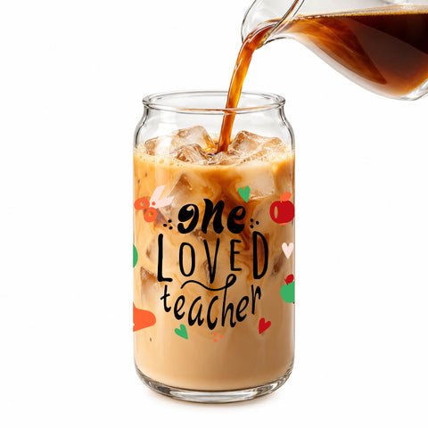 One Loved Teacher 16 oz Glass Jar, Teacher Iced Coffee Cup with Bamboo Lid & Straw, Teacher Gift