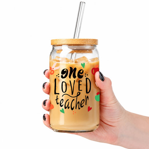 One Loved Teacher 16 oz Glass Jar, Teacher Iced Coffee Cup with Bamboo Lid & Straw, Teacher Gift