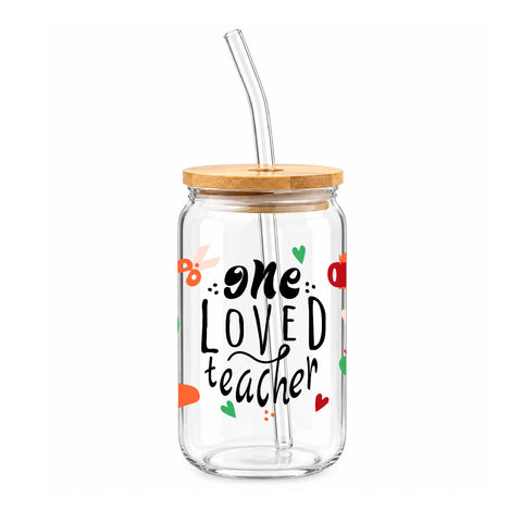 One Loved Teacher 16 oz Glass Jar, Teacher Iced Coffee Cup with Bamboo Lid & Straw, Teacher Gift