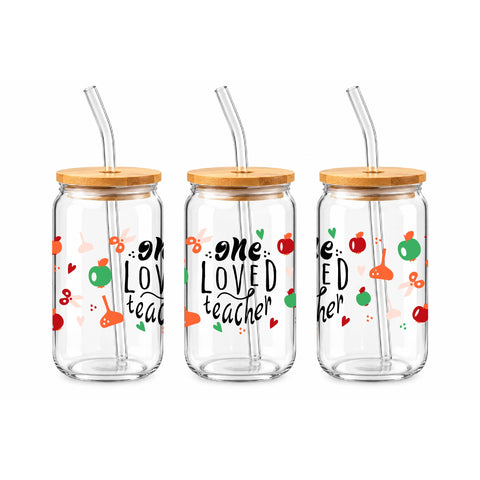 One Loved Teacher 16 oz Glass Jar, Teacher Iced Coffee Cup with Bamboo Lid & Straw, Teacher Gift