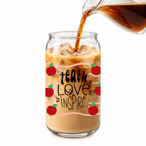 Teach Love Inspire 16 oz Glass Jar, Teacher Iced Coffee Cup with Bamboo Lid & Straw, Teacher Gift