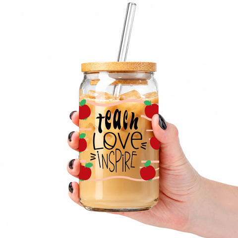 Teach Love Inspire 16 oz Glass Jar, Teacher Iced Coffee Cup with Bamboo Lid & Straw, Teacher Gift