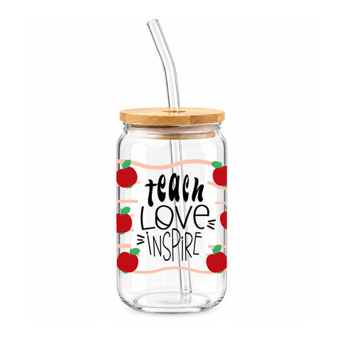 Teach Love Inspire 16 oz Glass Jar, Teacher Iced Coffee Cup with Bamboo Lid & Straw, Teacher Gift