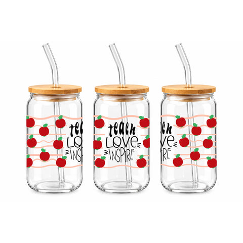 Teach Love Inspire 16 oz Glass Jar, Teacher Iced Coffee Cup with Bamboo Lid & Straw, Teacher Gift