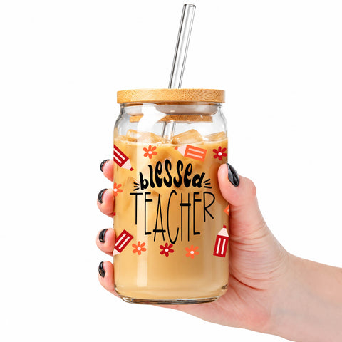Blessed Teacher 16 oz Glass Jar, Teacher Iced Coffee Cup with Bamboo Lid & Straw, Teacher Gift